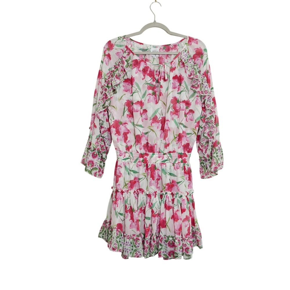 MISA Los Angeles Size Medium Pink Floral Ruffle Mini Dress Smocked Waist Girly